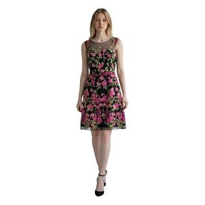Marchesa Notte‎ Dress Black Floral Embroidered Illusion Mesh Romance  Size 0